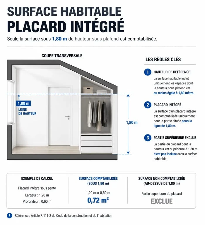 Infographie illustrant les critères d'inclusion des placards dans le calcul de la surface habitable selon la loi Boutin.