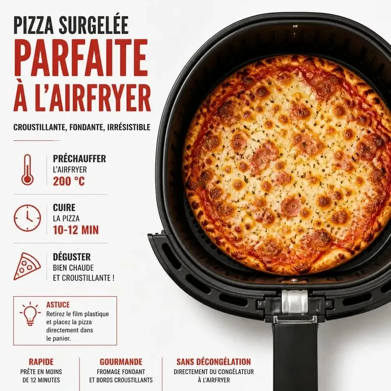 Pizza surgelée cuite à la perfection dans un airfryer avec une pâte croustillante et du fromage fondant