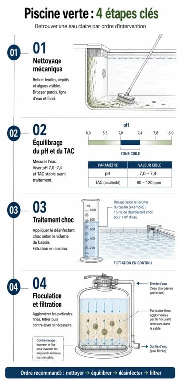 Infographie des étapes de traitement pour piscine algue verte