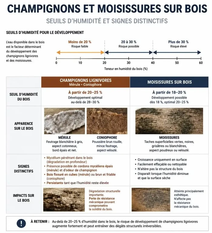Infographie des seuils d'humidité et signes d'infestation des champignons sur bois