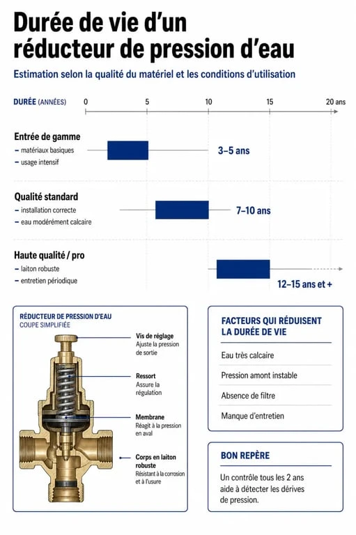 Infographie sur la durée de vie d'un réducteur de pression d'eau selon la qualité et l'entretien