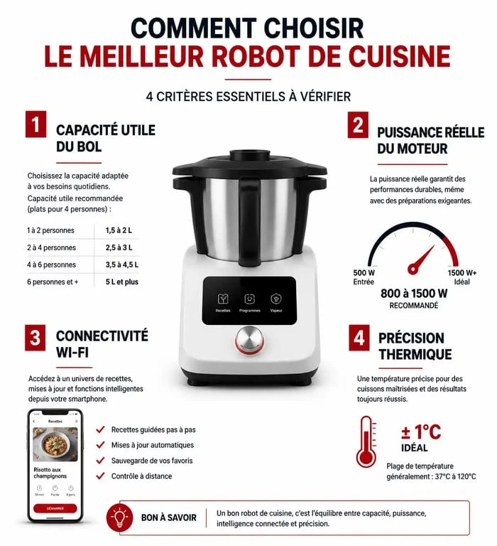 Infographie des critères de choix pour le meilleur robot cuisine : capacité, puissance et fonctionnalités