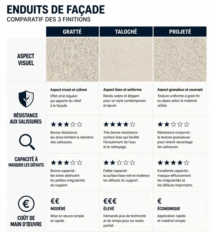 Comparatif des finitions d'enduit de façade : gratté, taloché et projeté pour choisir le meilleur revêtement.