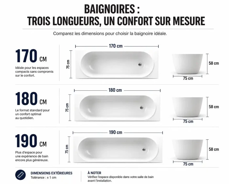 Comparatif des dimensions de grandes baignoires : standard, confort XL et duo XXL pour salle de bain.