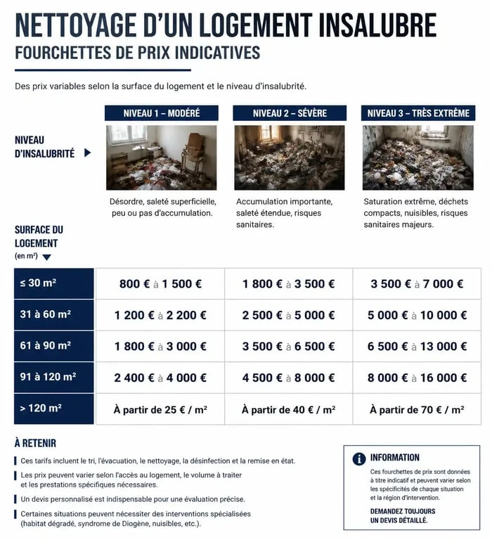 Tableau récapitulatif du tarif nettoyage maison insalubre selon la surface et le niveau d'insalubrité.