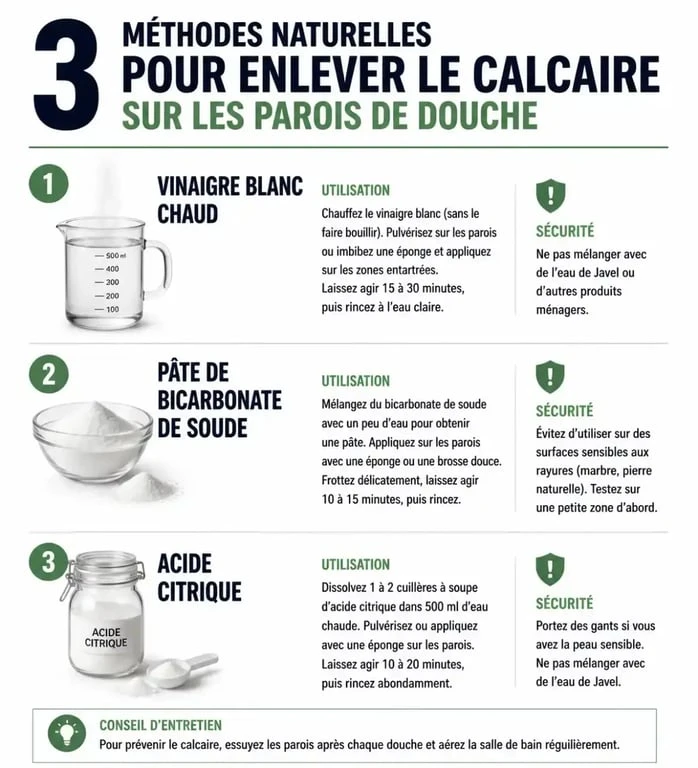 Infographie des méthodes naturelles pour enlever le calcaire sur les parois de douche