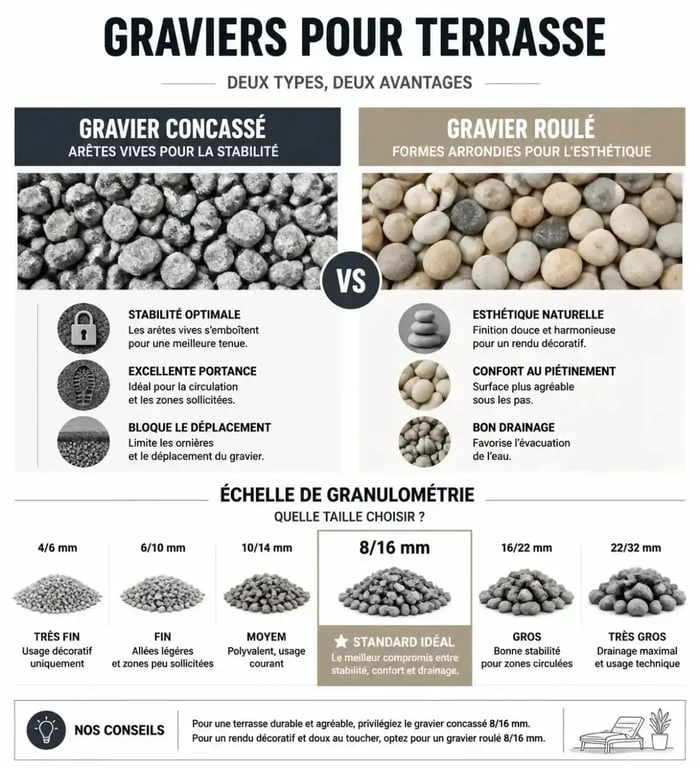 Infographie comparative des types de gravier pour terrasse : concassé vs roulé et granulométrie idéale