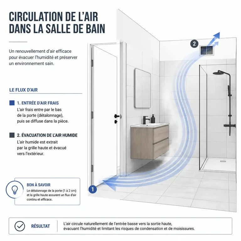 Schéma illustrant la ventilation naturelle d'une salle de bain sans VMC par effet cheminée