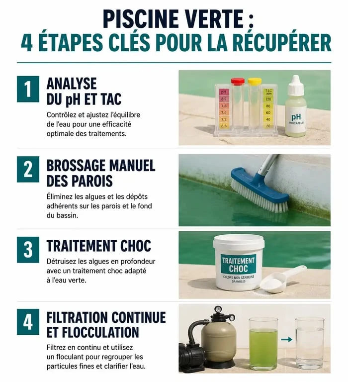 Infographie des étapes pour nettoyer une piscine verte et retrouver une eau limpide