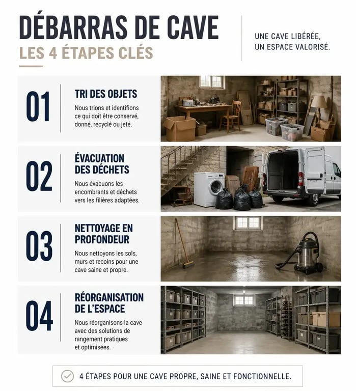 Infographie des étapes pour réussir son débarras de cave efficacement