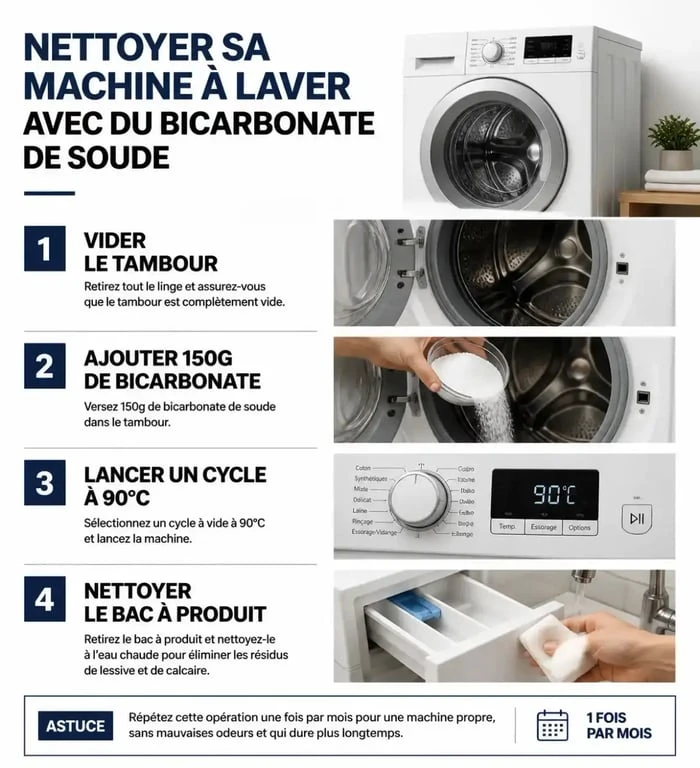 Infographie montrant les étapes pour nettoyer sa machine à laver avec du bicarbonate de soude