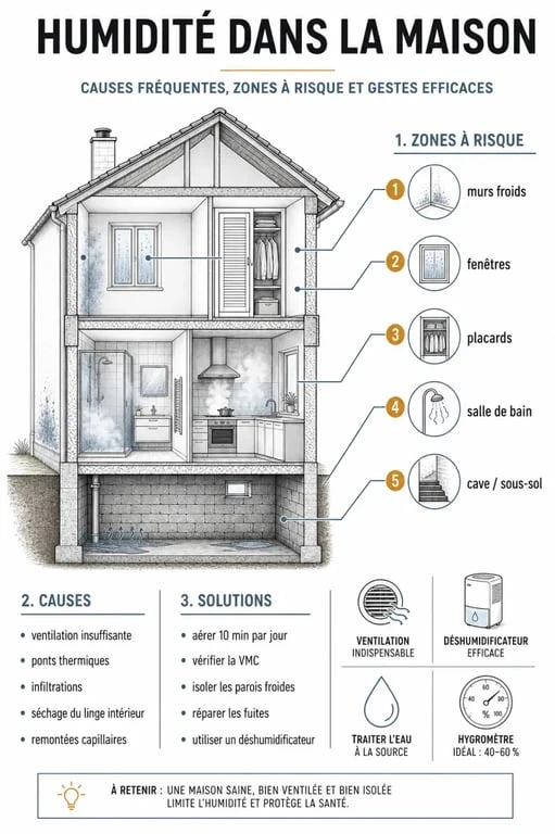 Infographie sur les causes et solutions pour éliminer l'odeur humidité maison