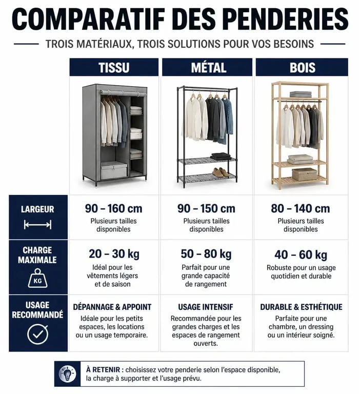 Comparatif des types de penderie simple : tissu, métal et bois pour choisir le rangement adapté à vos besoins.