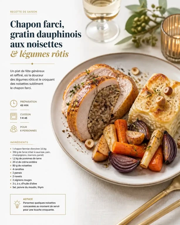 Accompagnement pour chapon farci : assiette festive avec gratin et légumes racines
