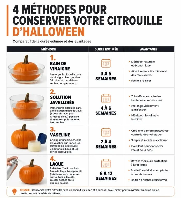 Infographie comparative des méthodes pour conserver une citrouille d'Halloween sculptée plus longtemps