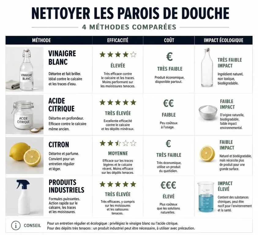 Infographie comparative des méthodes pour éliminer le calcaire sur une paroi de douche