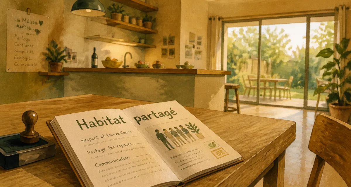 Habitat partagé : charte de vie ouverte dans une maison commune, cuisine partagée et jardin au fond