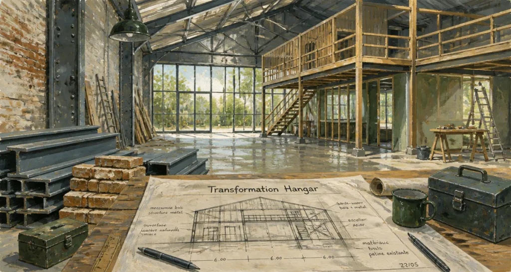 hangar aménagé en maison en travaux avec matériaux et plan