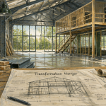 hangar aménagé en maison en travaux avec matériaux et plan