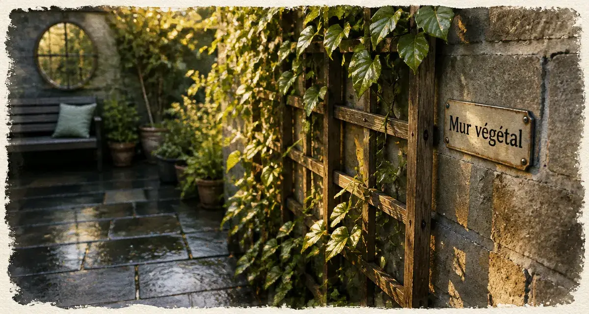 Idee pour cacher un mur exterieur : treillis bois et plantes grimpantes sur mur extérieur en parpaing