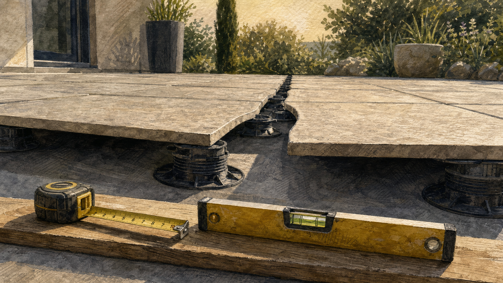 Inconvénient terrasse sur plot : dalle grès cérame mal réglée sur plots