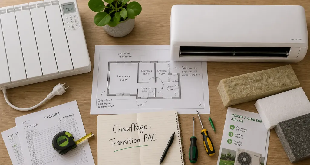 Installation pompe à chaleur avec radiateur électrique, vue flat-lay