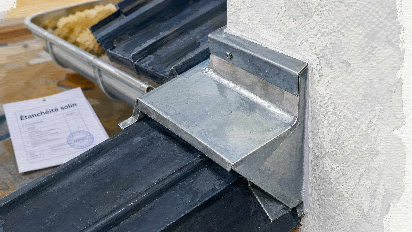 Jonction toit mur : solin zinc pour étanchéité et éviter les infiltrations