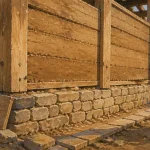 Mur en pisé en rénovation, banches et terre compactée visibles