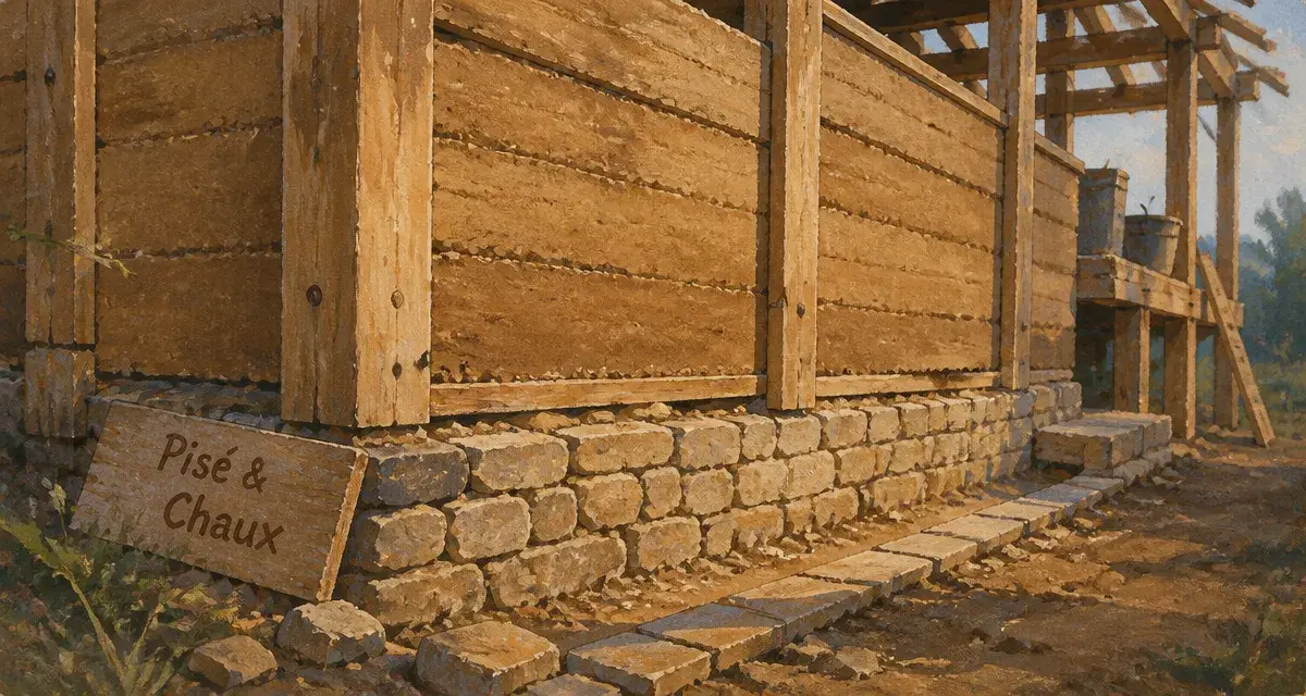 Mur en pisé en rénovation, banches et terre compactée visibles
