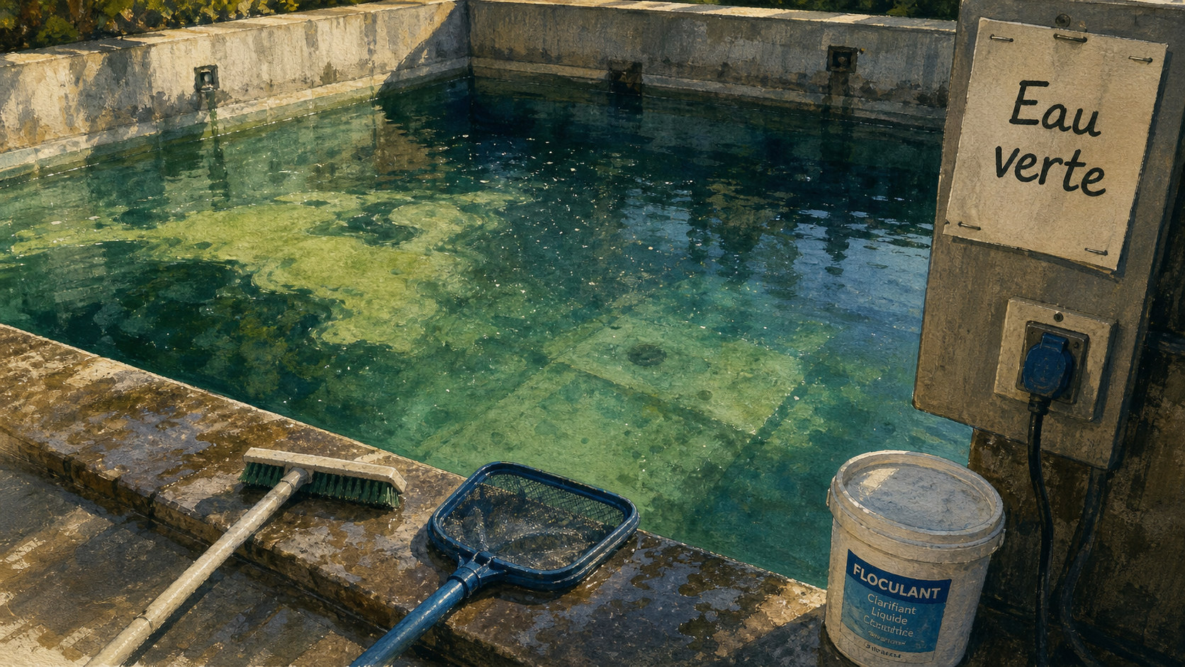 Piscine algue verte : brosse, floculant et eau trouble à purifier
