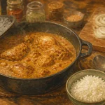 Plat a base de poulet mafé traditionnel mijoté en cocotte