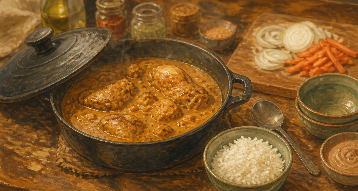 Plat a base de poulet mafé traditionnel mijoté en cocotte