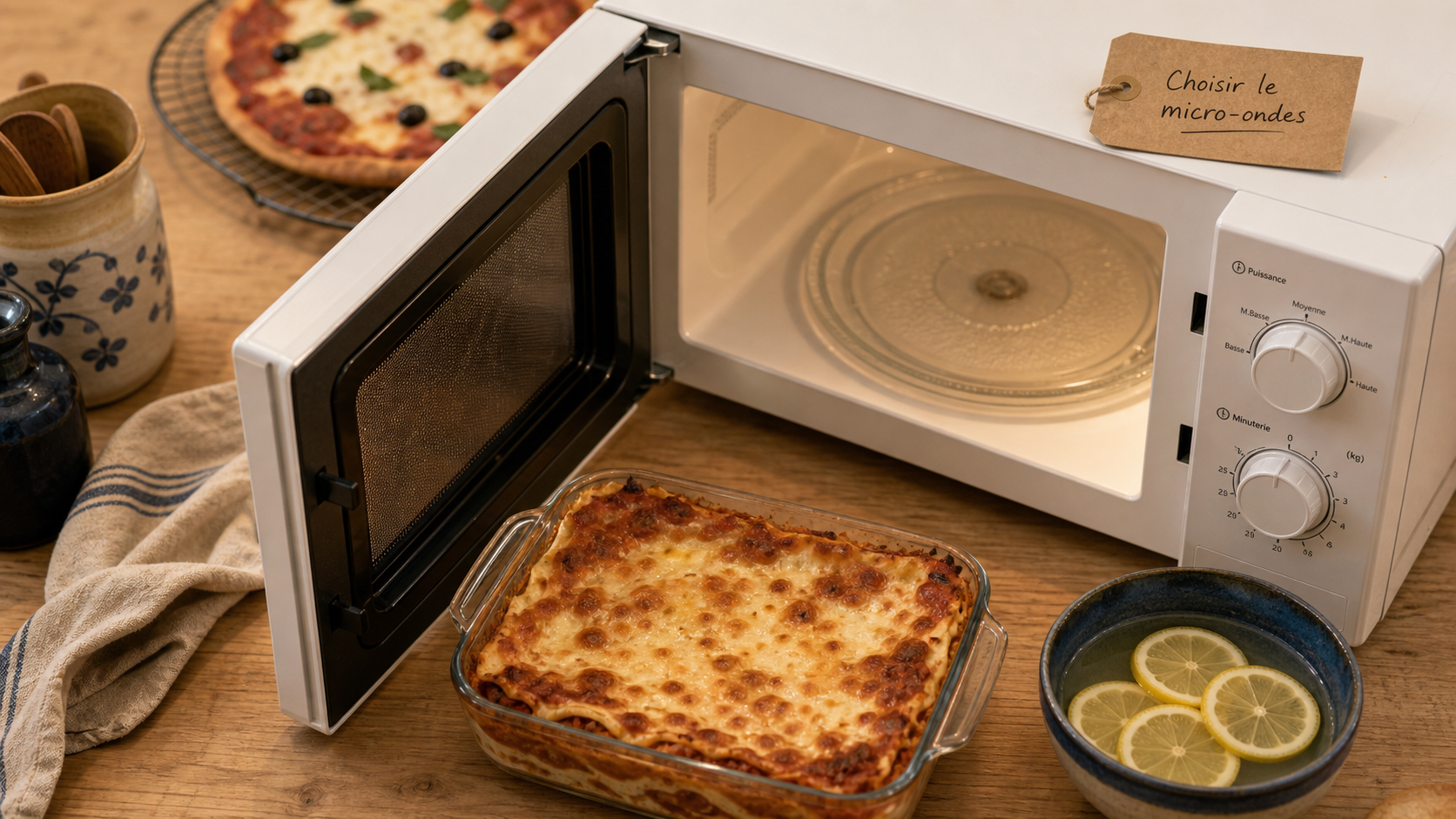 Quel micro onde choisir : micro-ondes blanc ouvert pour lasagnes et eau citronnée