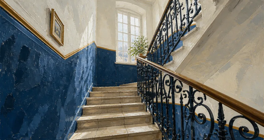 cage d'escalier immeuble rénovée avec rampe fer forgé