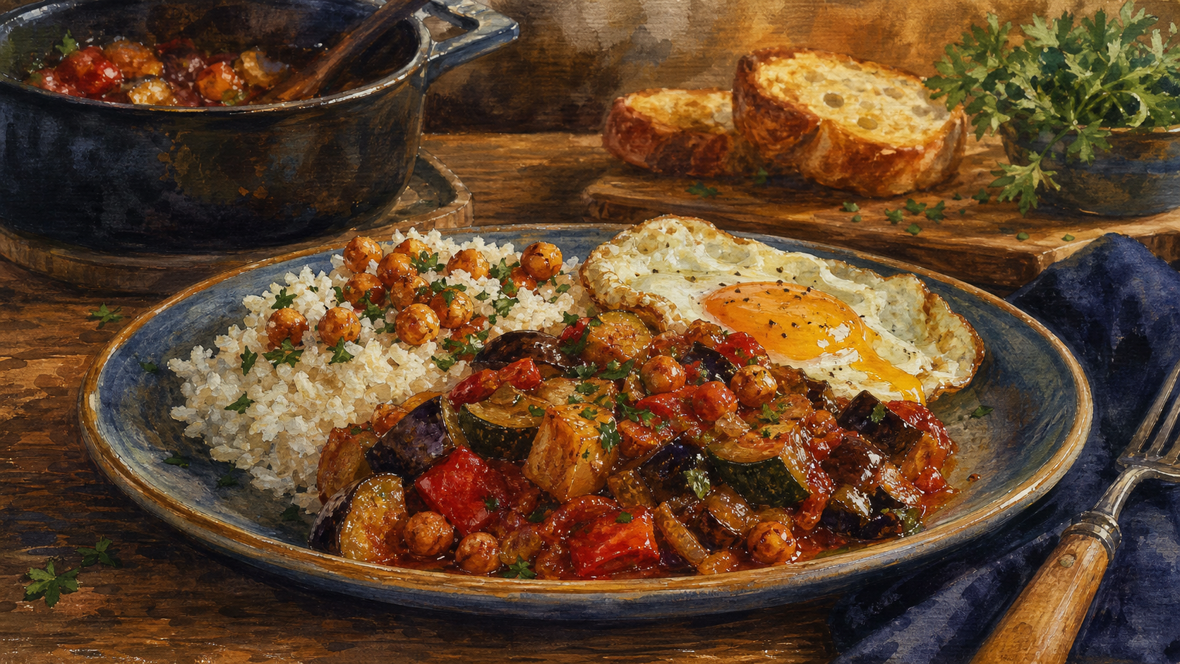 Accompagnement ratatouille avec riz, œuf et pois chiches