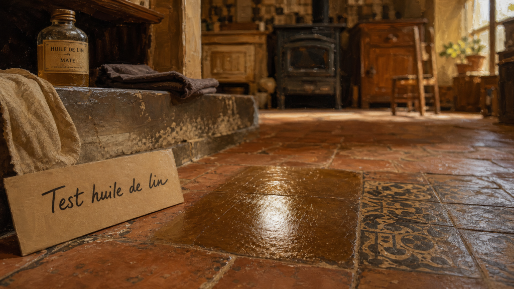 Carrelage huile de lin : test sur tomettes pour brillance