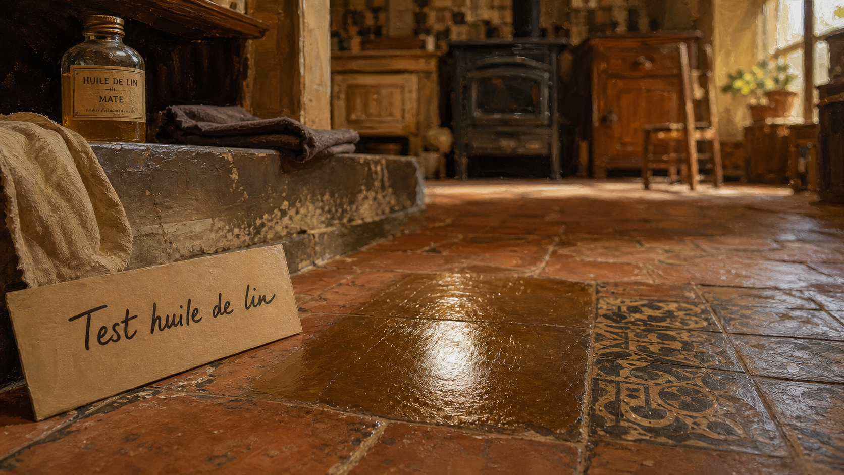 Carrelage huile de lin : test sur tomettes pour brillance