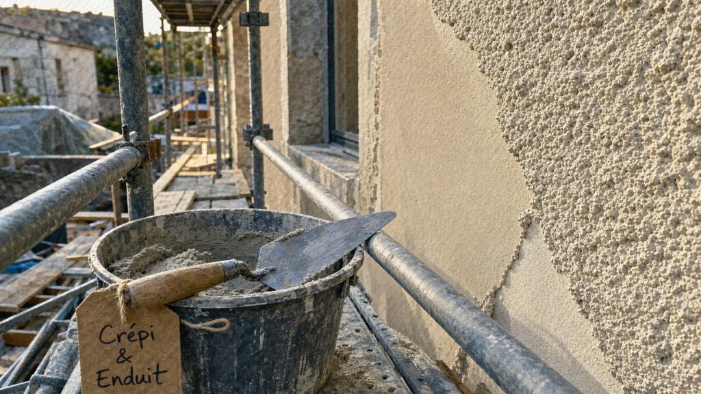 Crépi ou enduit extérieur : façade enduite et crépi granuleux sur chantier