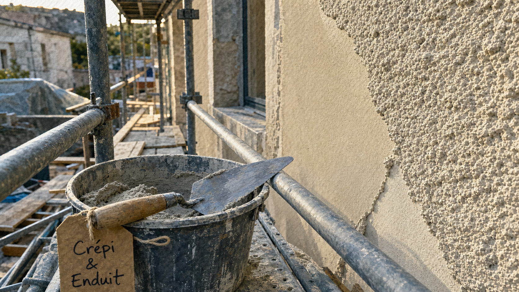 Crépi ou enduit extérieur : façade enduite et crépi granuleux sur chantier