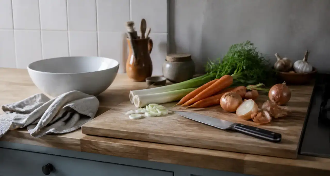 Plan de travail de cuisine avec légumes frais, planche à découper et couteau de chef
