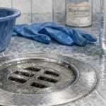 Deboucher la douche : bonde bouchée, eau et résidus visibles