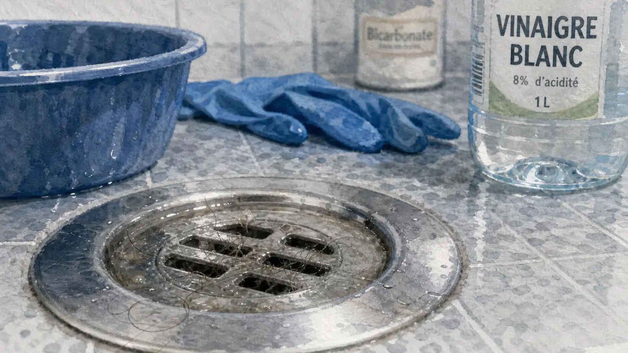 Deboucher la douche : bonde bouchée, eau et résidus visibles