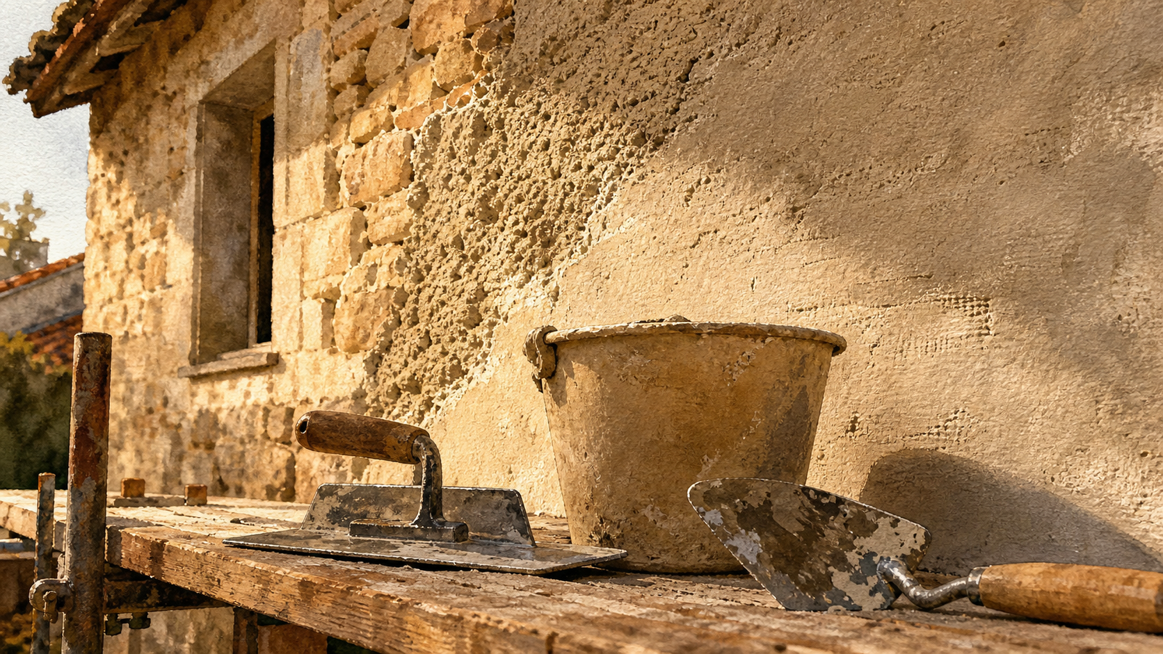 Enduit à la chaux facade sur mur ancien en pierre, taloche et truelle sur chantier