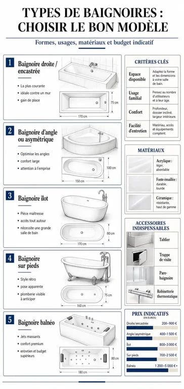 Comparatif des types de baignoire de salle de bain avec matériaux, accessoires et prix