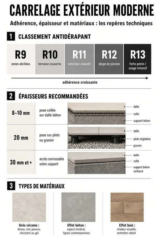 Infographie des critères techniques pour choisir un carrelage terrasse moderne : antidérapance et épaisseur.