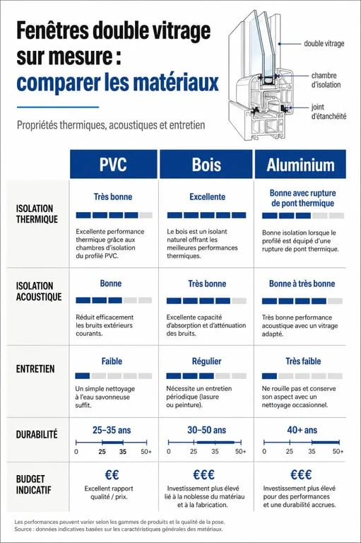 Comparatif des matériaux pour fenêtre double vitrage sur mesure : PVC, bois et aluminium