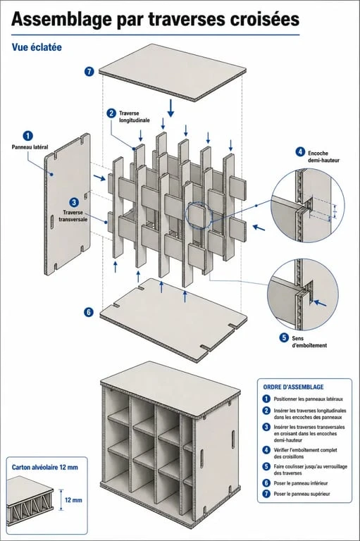 Schéma technique d'assemblage par traverses croisées pour la fabrication d'un meuble en carton