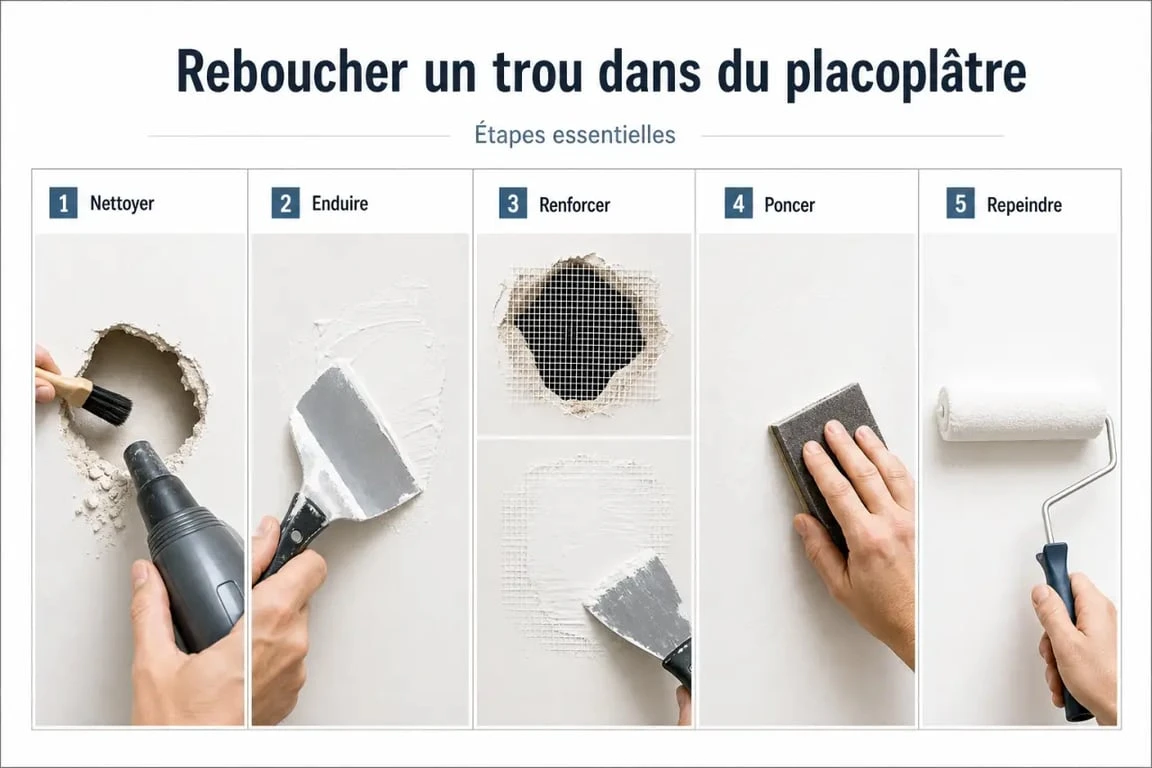Reboucher trou dans placoplatre : étapes de réparation d’un trou dans du placo avec enduit, renfort et finition lisse
