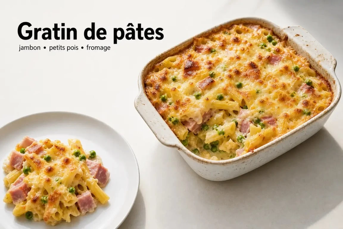 Recette facile pas cher de gratin de pâtes au jambon, petits pois et fromage