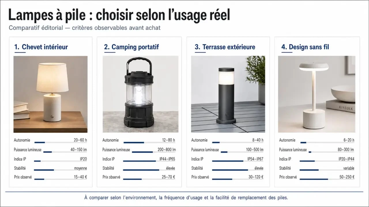 Comparatif visuel lampe à pile selon l’usage, l’autonomie et le prix